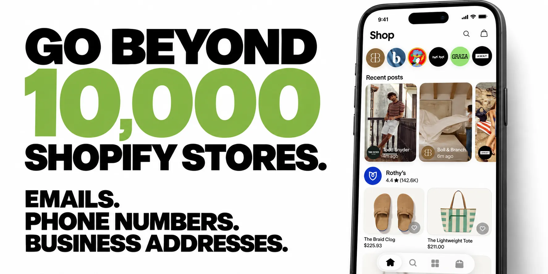 GO BEYOND 10,000 SHOPIFY STORES. EMAILS. PHONE NUMBERS. BUSINESS ADDRESSES.