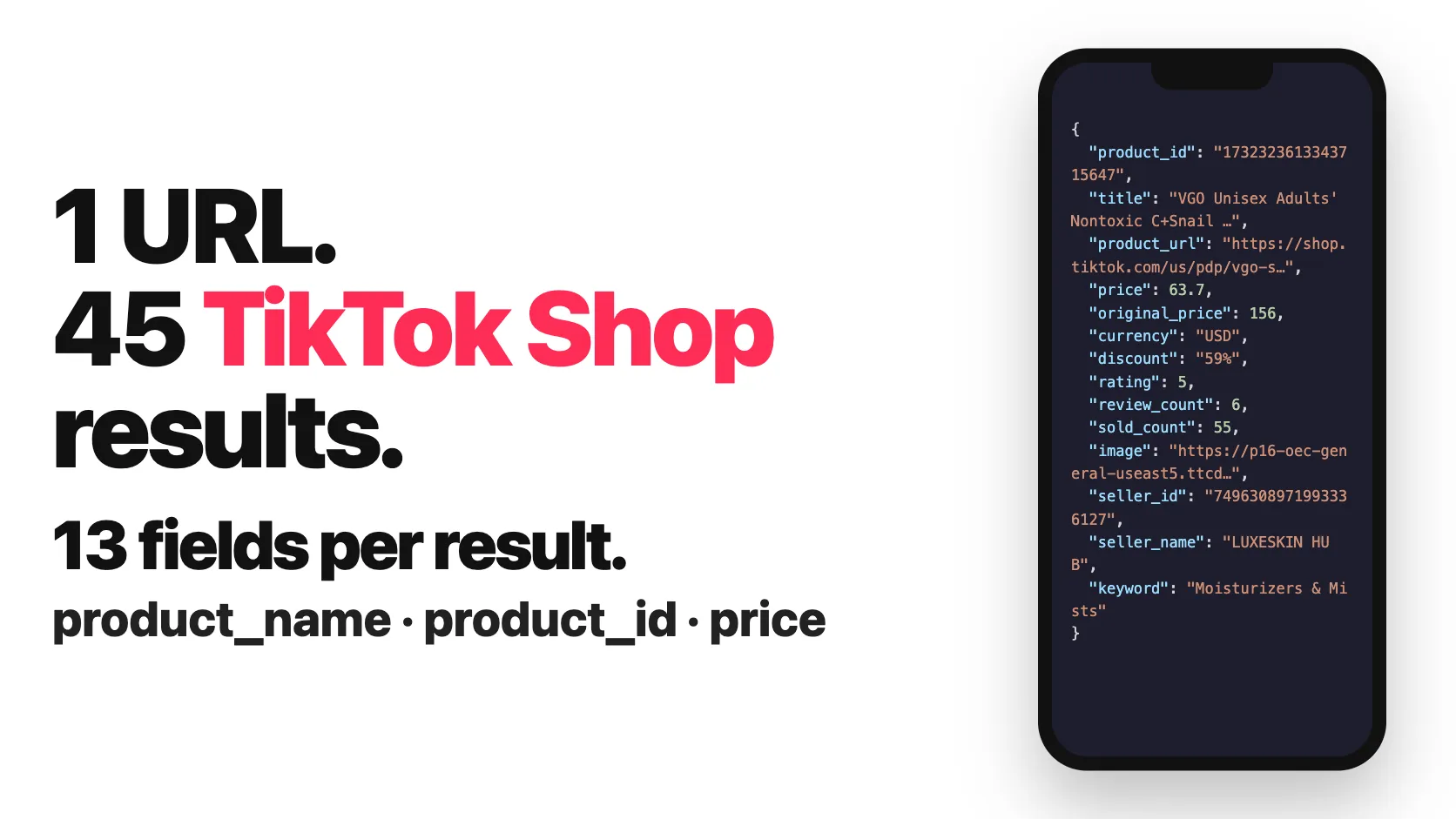 1 URL. 45 TikTok Shop results. 13 fields per result.