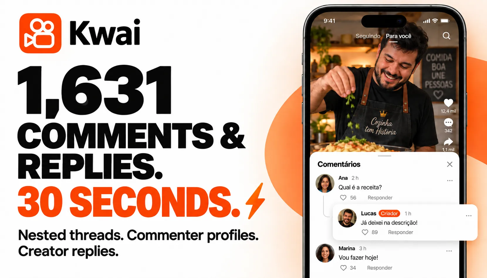 1,631 Kwai comments and replies. 30 seconds. Nested threads, commenter profiles and creator replies.