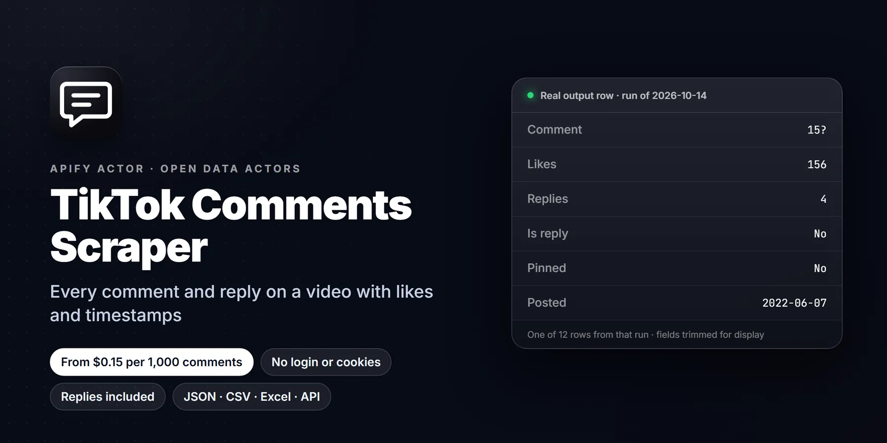 TikTok Comments Scraper: features, price and a real output row