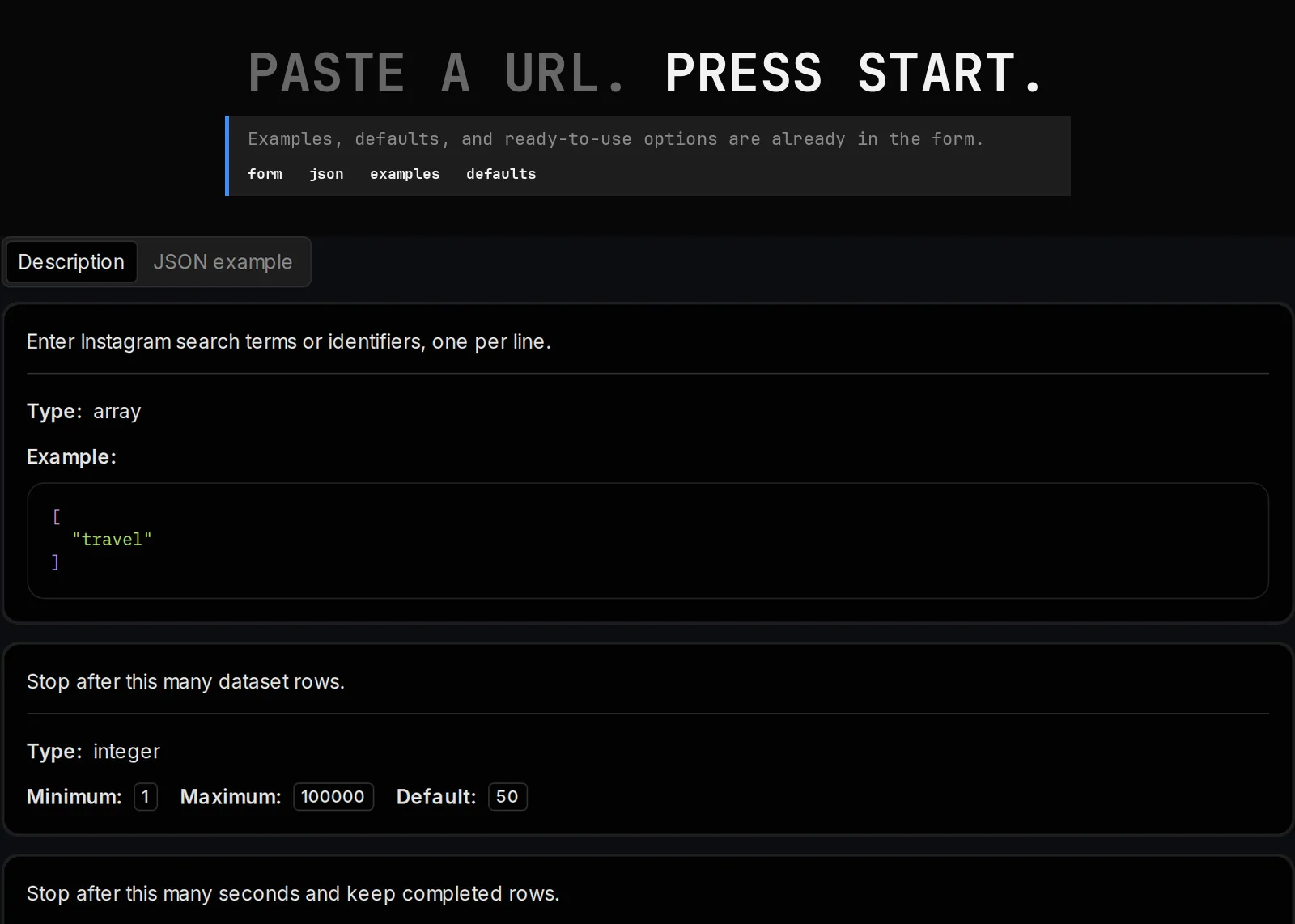 Instagram Search Scraper source page and returned record