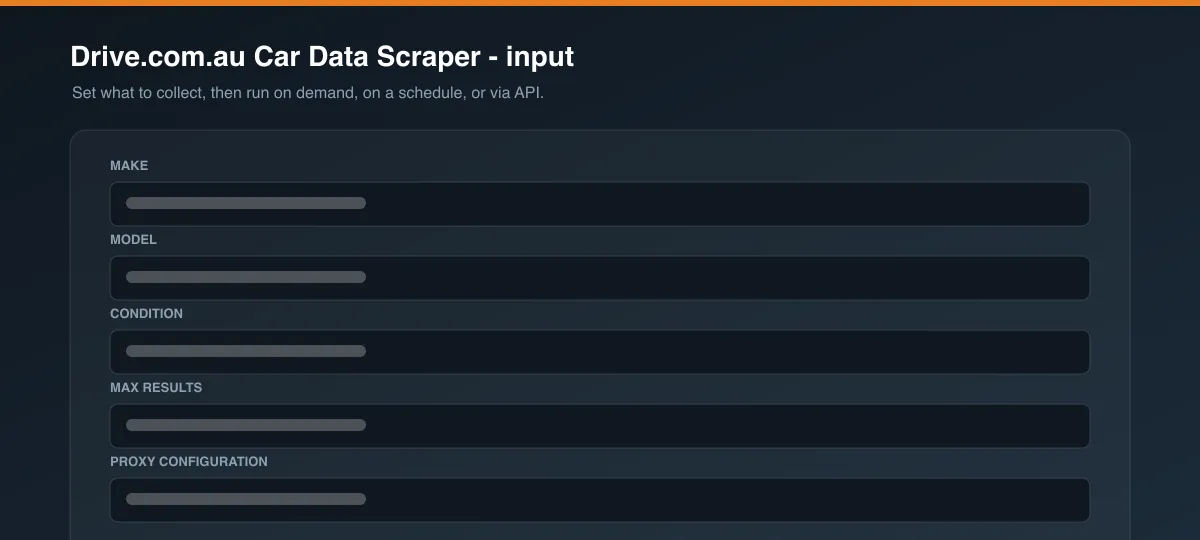 Drive.com.au Car Data Scraper input options