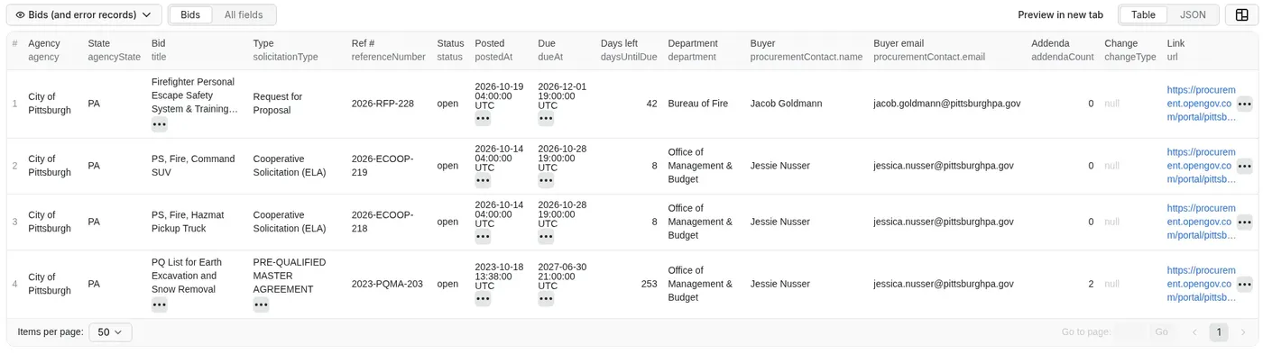 Government Bids Scraper output table: open bids with agency, title, type, reference number, due date and buyer contact