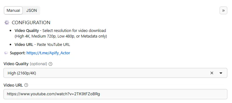YouTube Video Downloader Input Configuration - Professional YouTube video processing interface with watch?v URL input, quality selector for 4K/HD/SD downloads, and metadata extraction options for video analytics and content research