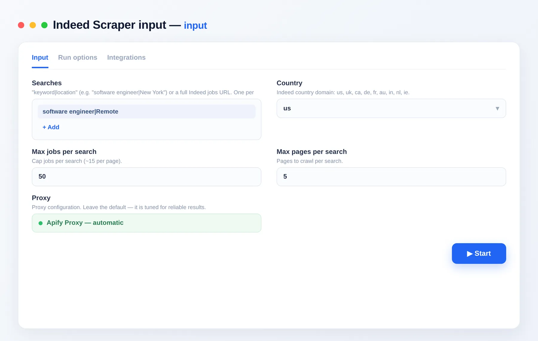 Indeed Scraper input — search terms, country and result limits in the Apify Console