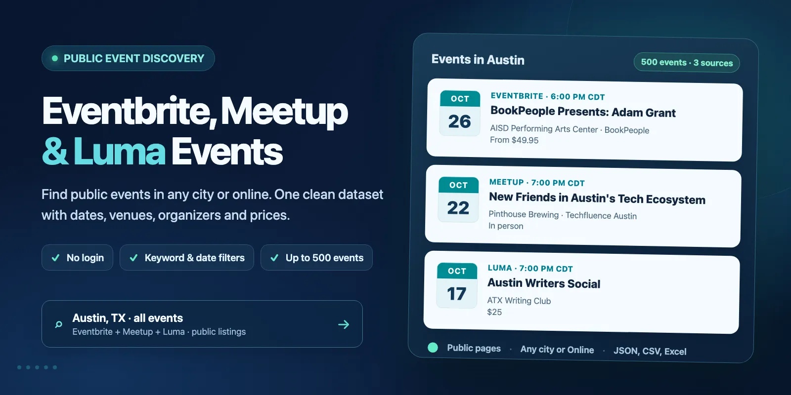 Eventbrite, Meetup and Luma events scraper: an Austin search returns event cards with date, local time, venue, organizer and price from three sites