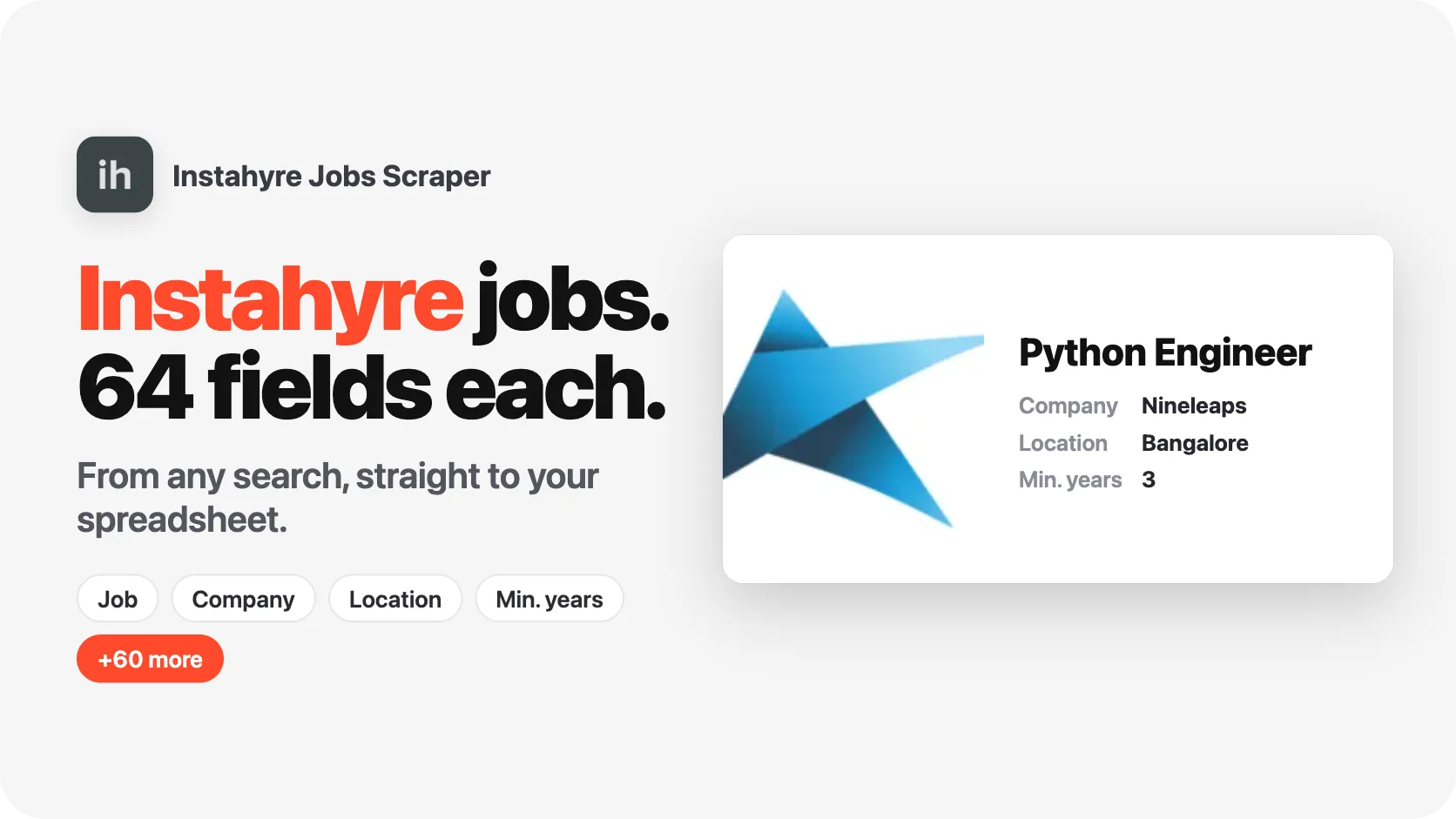 1 search. 20 Instahyre jobs. 64 fields per job.