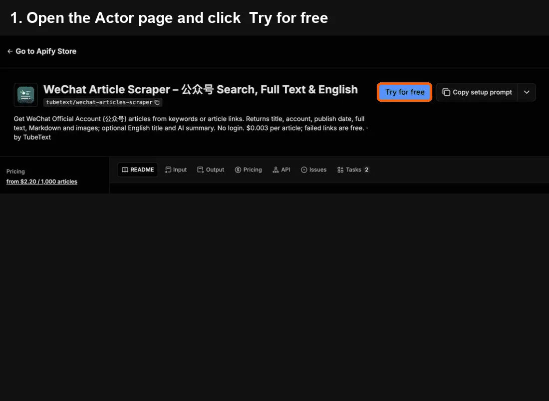 WeChat Article Scraper quick start: click Try for free, paste your input, click Start, export to Excel