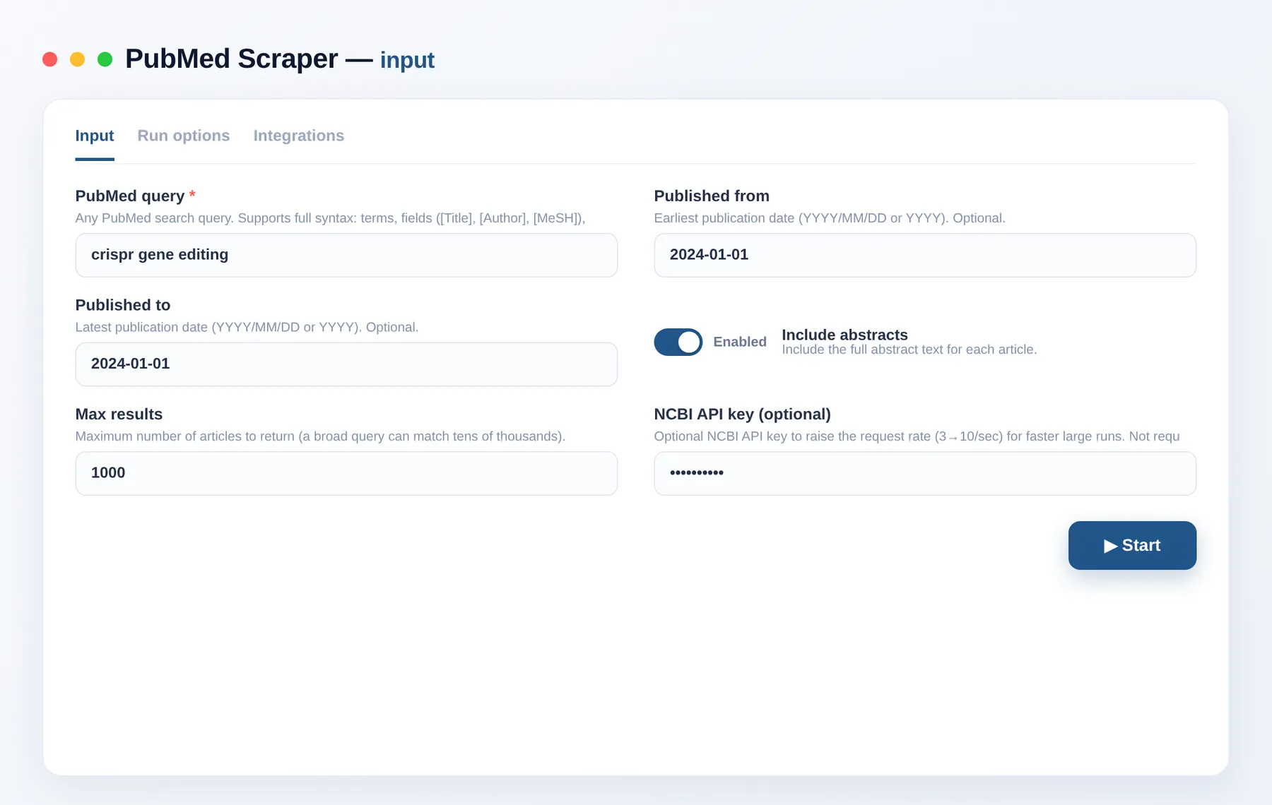 PubMed Scraper input — query, date range and result limit in the Apify Console