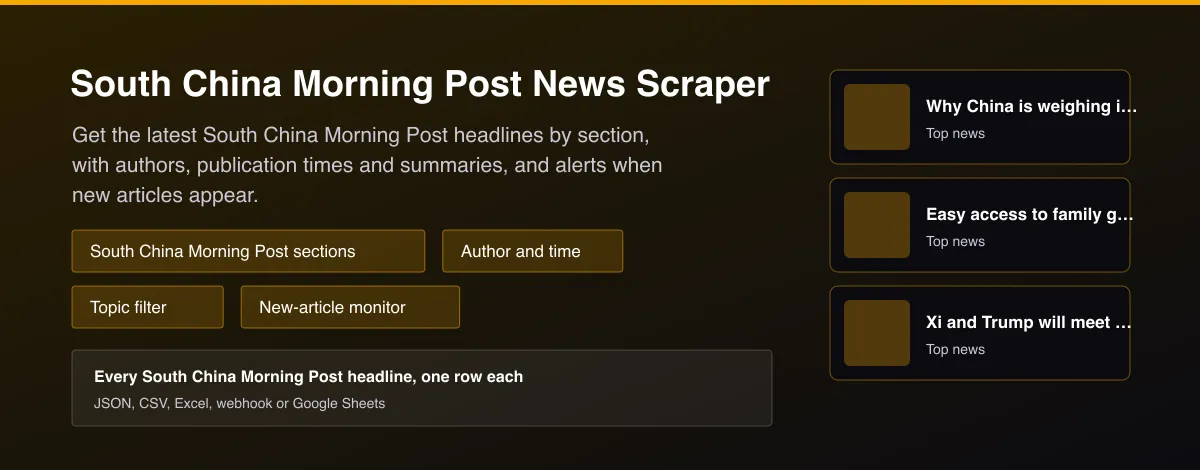 South China Morning Post News Scraper - South China Morning Post headlines with section, author, time and summary
