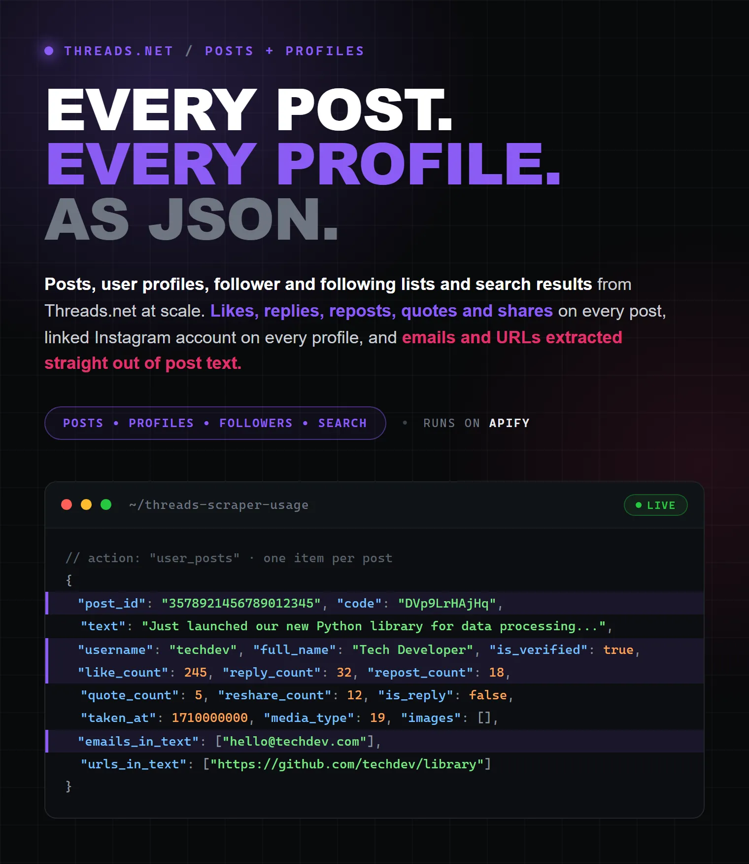 Threads Scraper on Apify — every post every profile as structured JSON