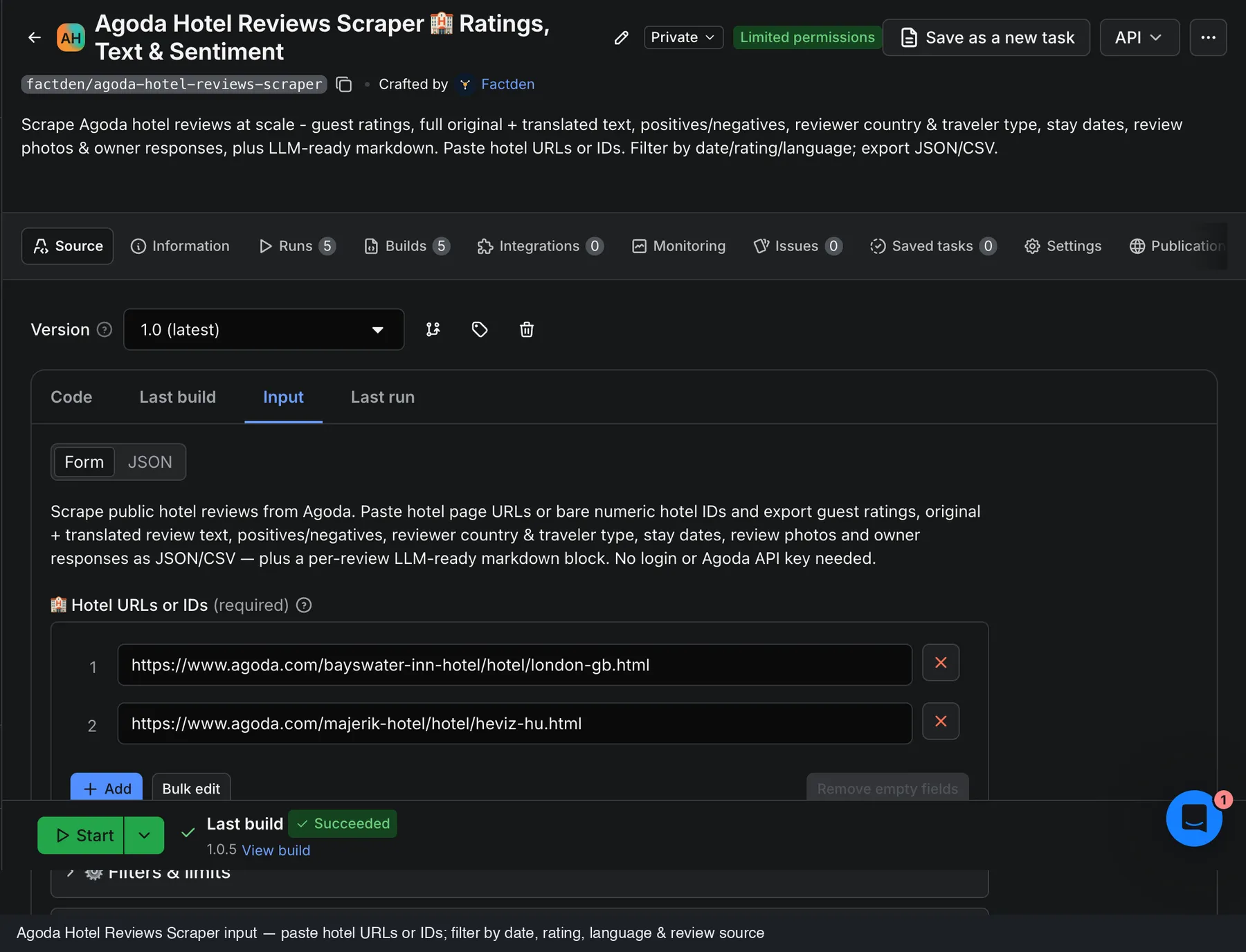 Input tab - hotel URLs plus filters & limits