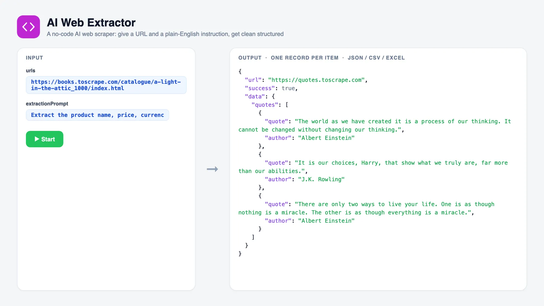 AI Web Extractor — input and sample output