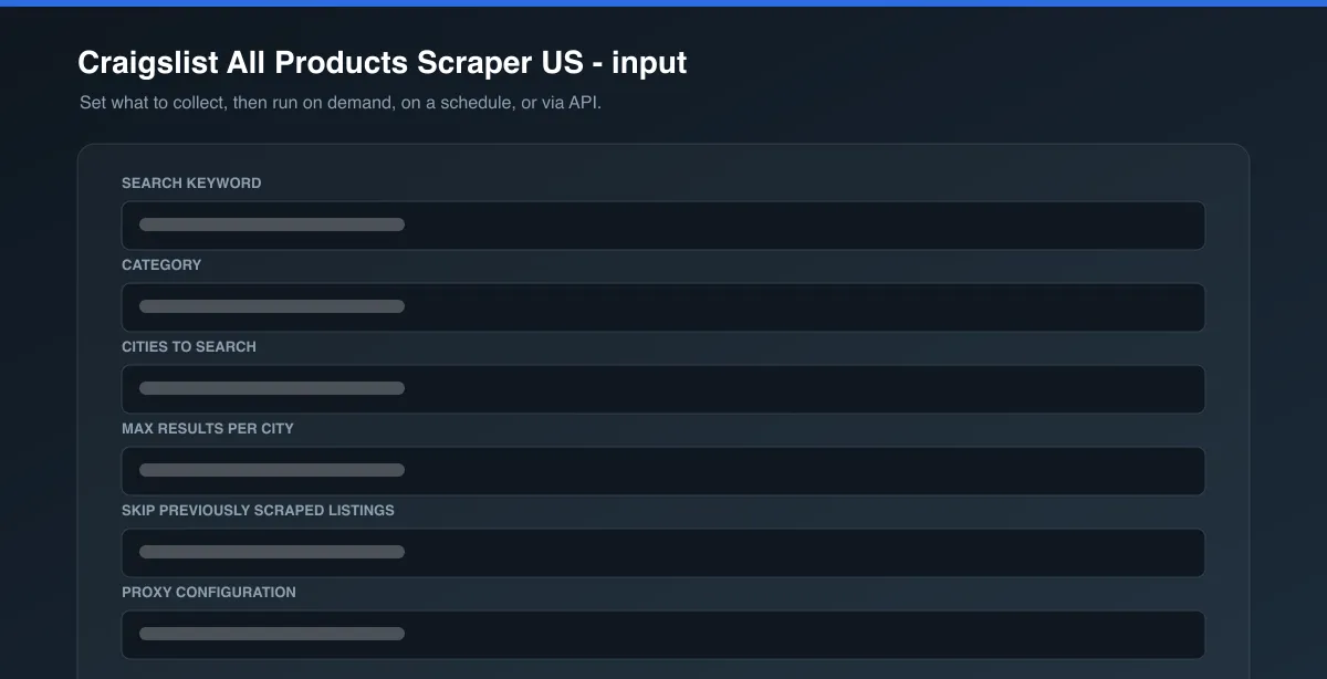 Craigslist All Products Scraper US input options