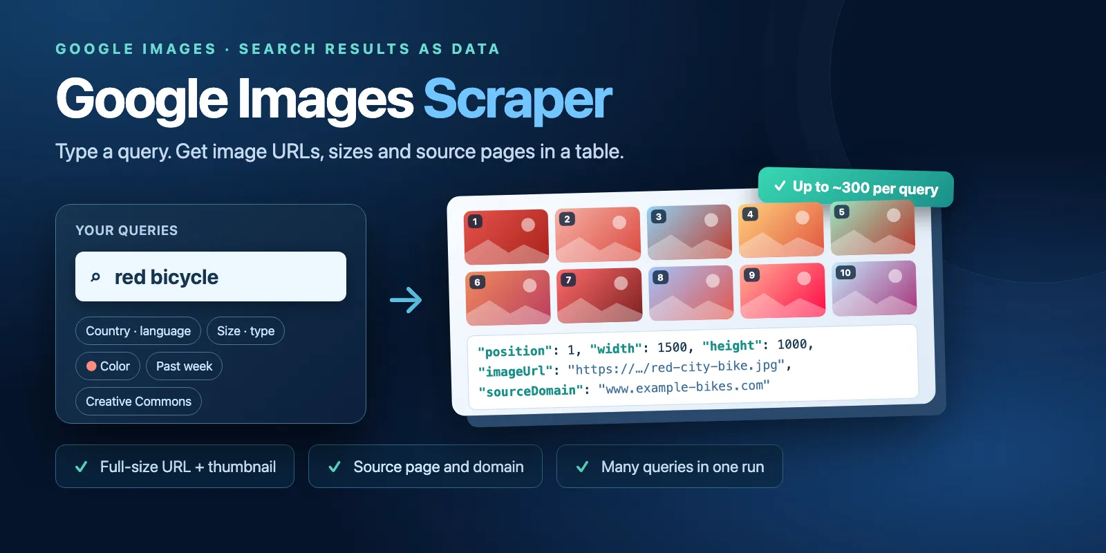 Google Images Scraper: a search phrase in, a table of image URLs, sizes and source pages out