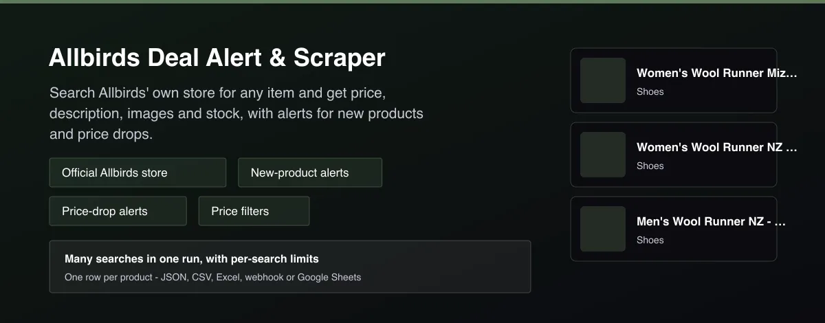 Allbirds Deal Alert & Scraper - product listings with price, stock and new-product alerts