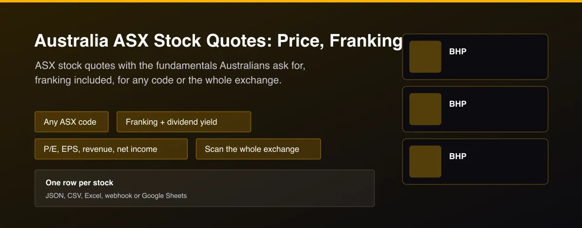 Australia ASX Stock Quotes: Price, Franking & Fundamentals - ASX stock quotes API with price, franking credits, dividend yield and fundamentals