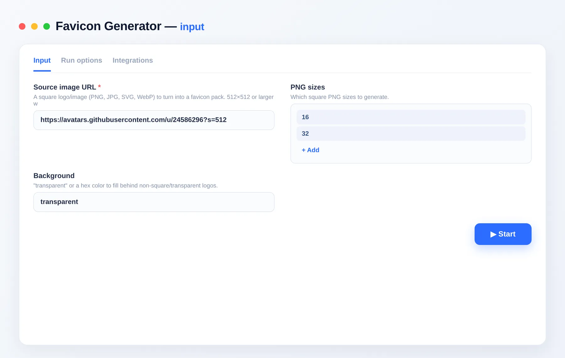 Favicon Generator input β configure the options in the Apify Console