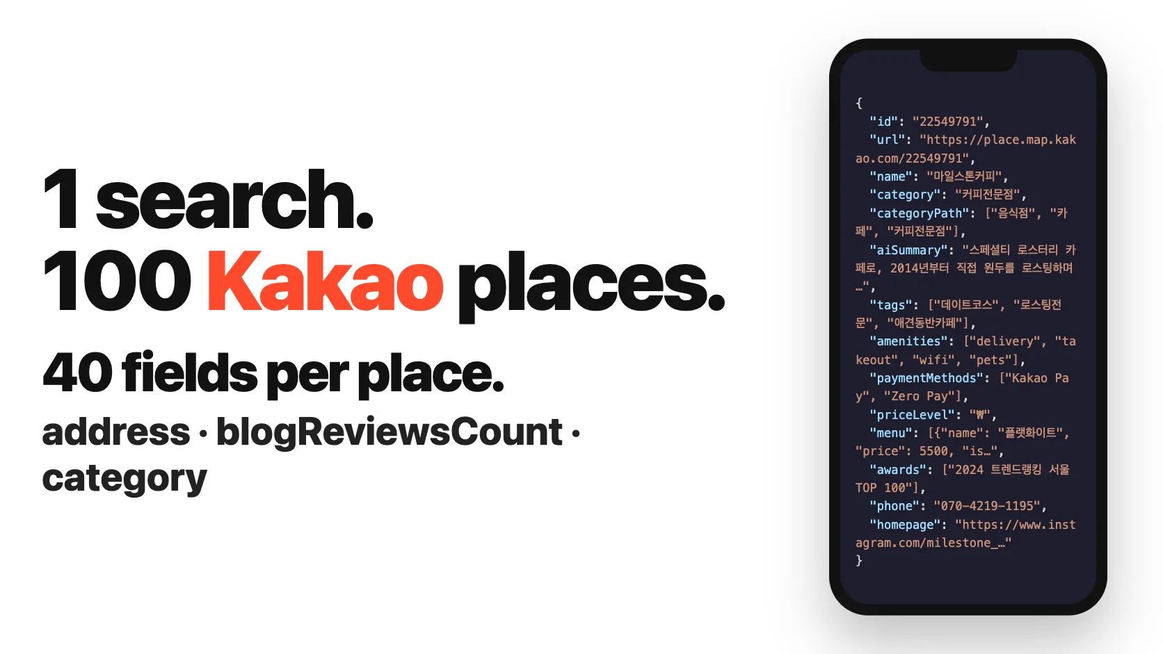 1 search. 100 Kakao places. 40 fields per place.