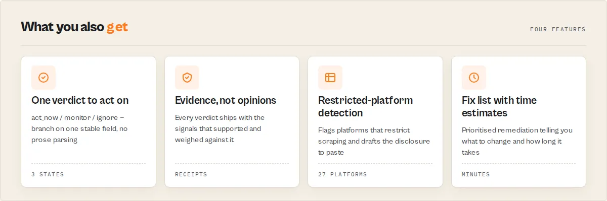 One verdict to act on, evidence, restricted-platform detection, fix list
