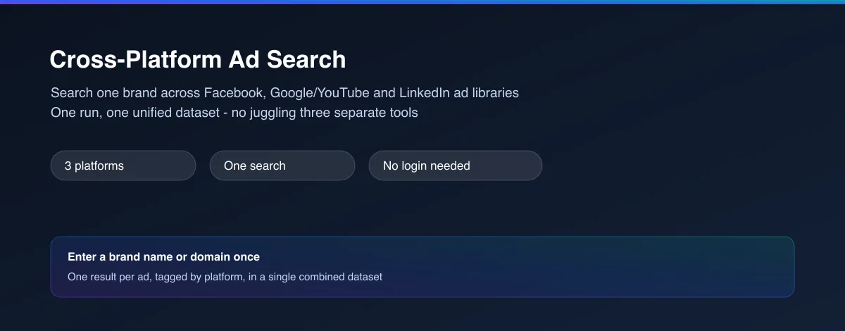 Cross-Platform Ad Search — search one brand across Facebook, Google/YouTube and LinkedIn ad libraries in a single run