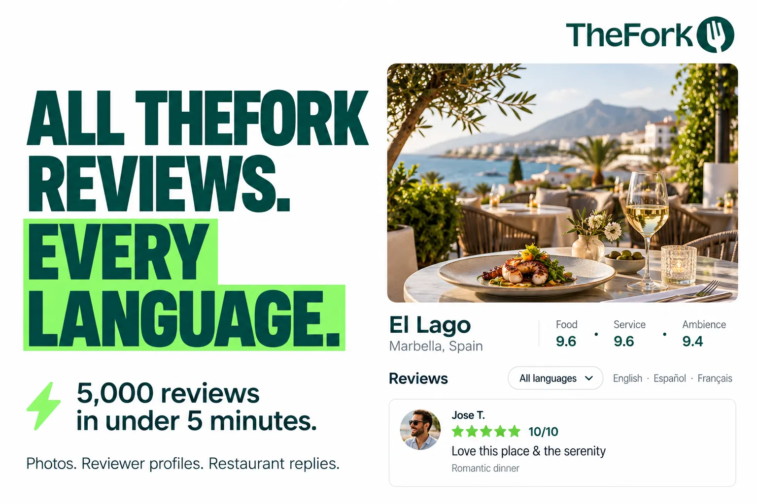 All TheFork reviews. Every language. 5,000 reviews in under 5 minutes. Photos. Reviewer profiles. Restaurant replies.