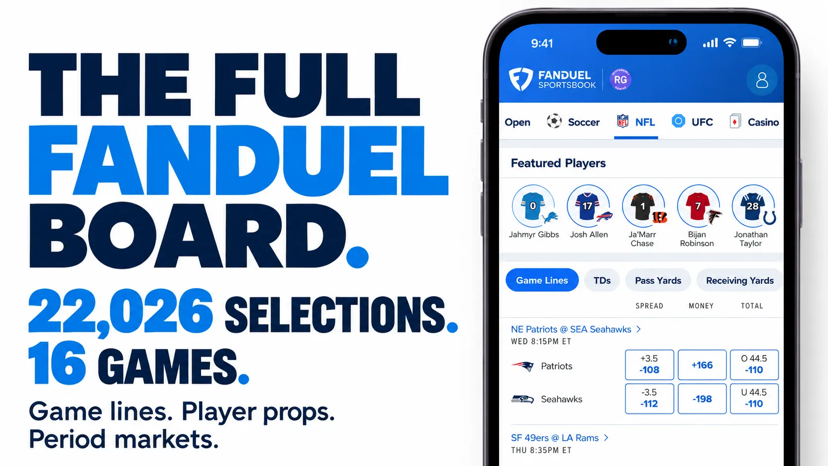 The full FanDuel board. 22,026 selections. 16 games. Game lines, player props and period markets.