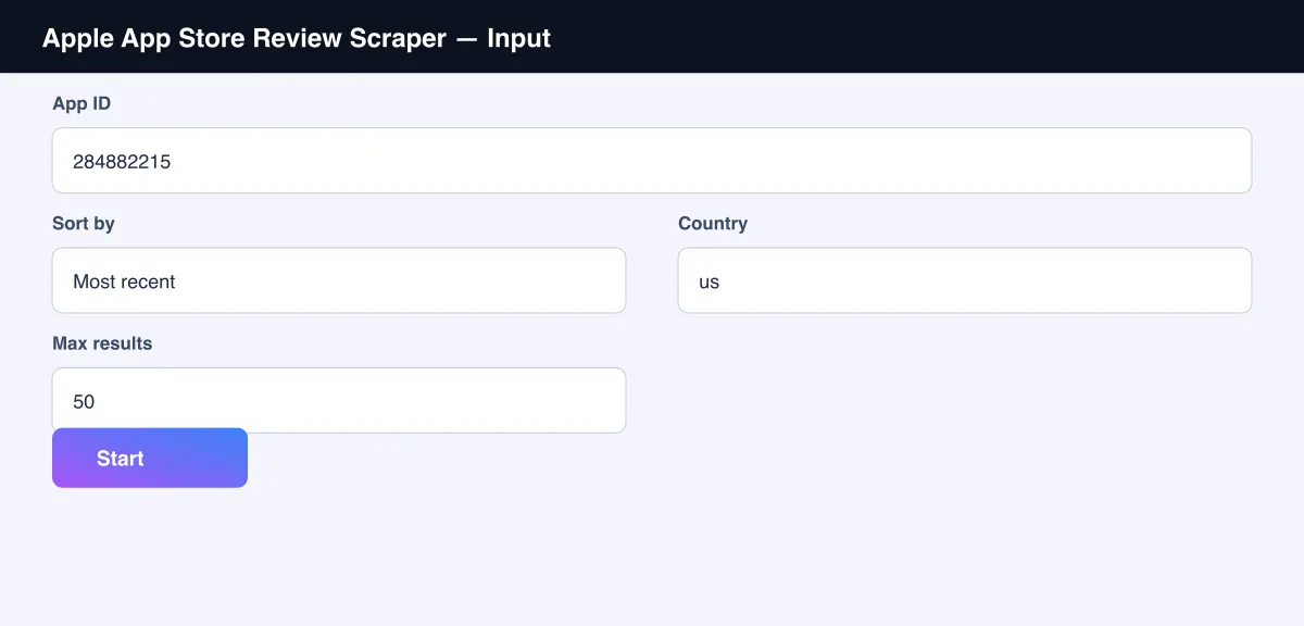 Apple App Store Review Scraper input form with app ID, sort order and country