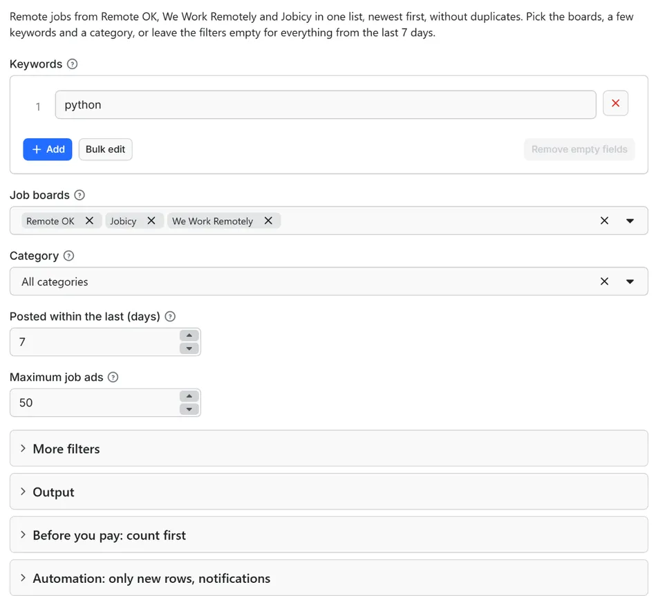 Input form of Remote Jobs Aggregator API: RemoteOK, WeWorkRemotely, Jobicy