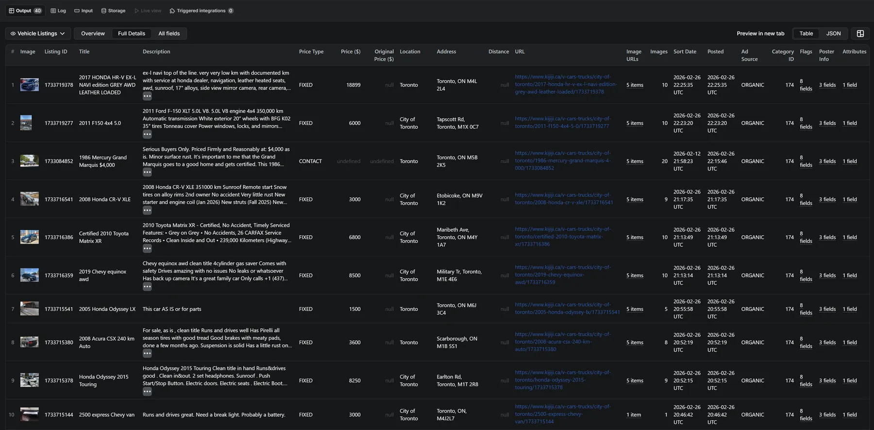 Kijiji Vehicle Scraper Apify output table showing car and truck listings with image previews
