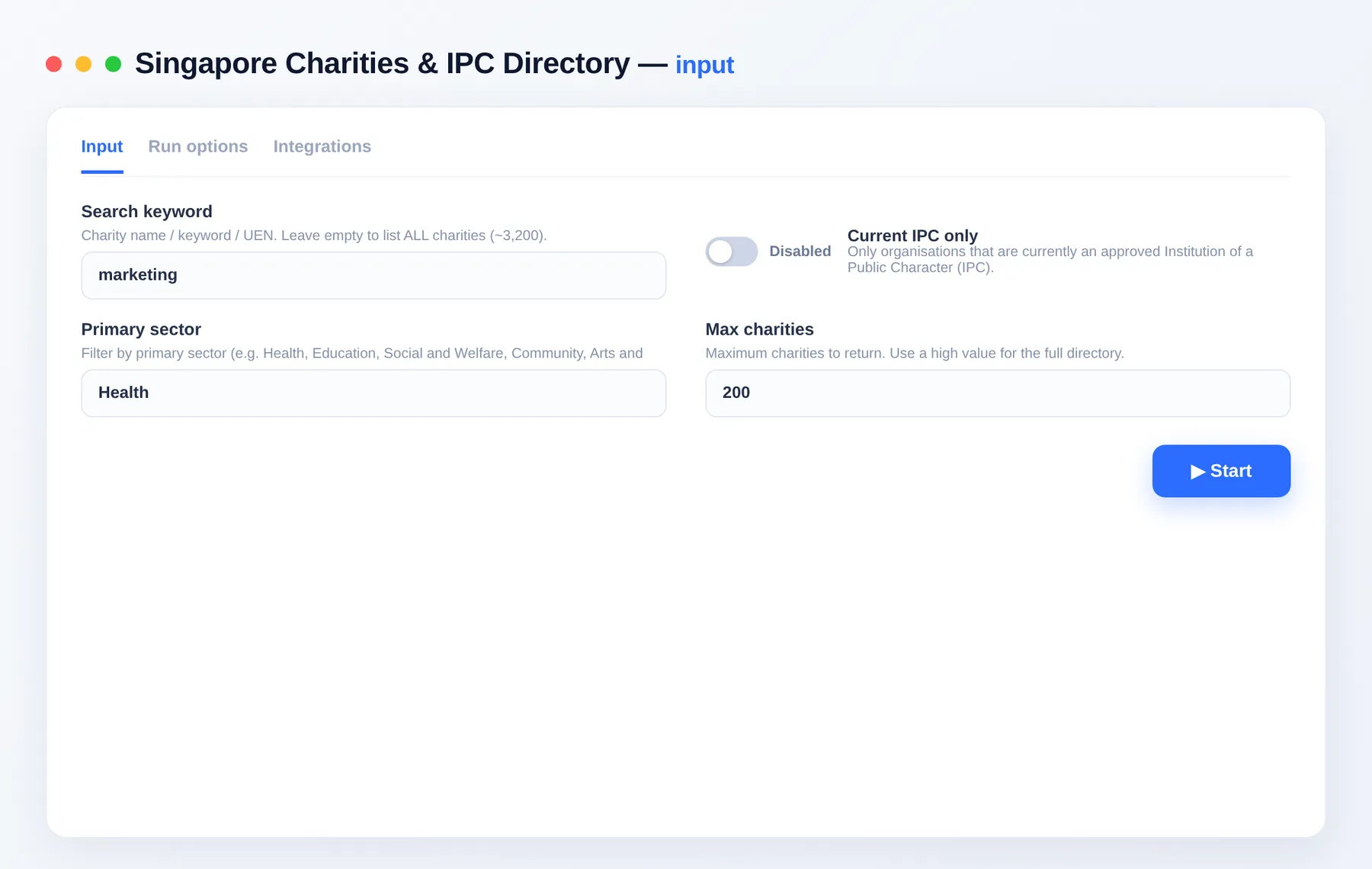 Singapore Charities & IPC Directory input — query, sector and current-IPC filter in the Apify Console