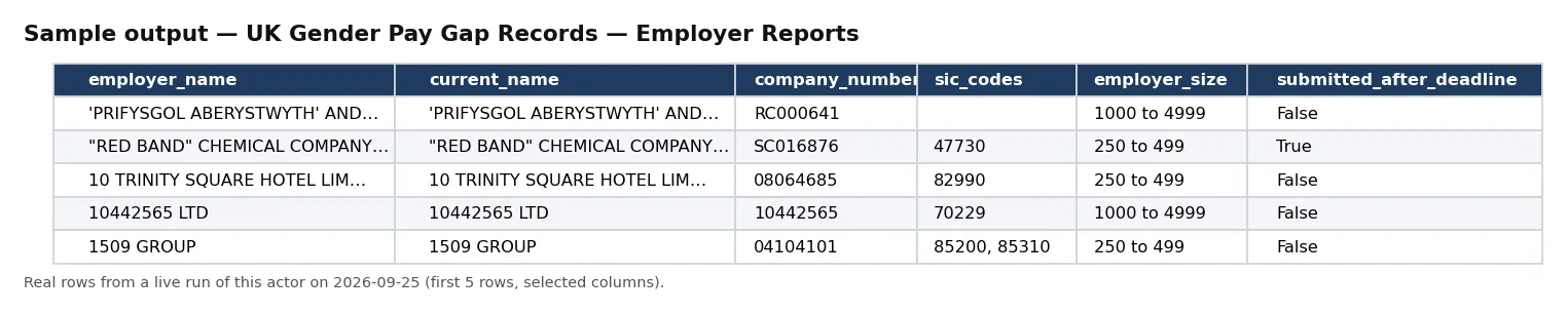 Sample output — UK Gender Pay Gap Records — Employer Reports