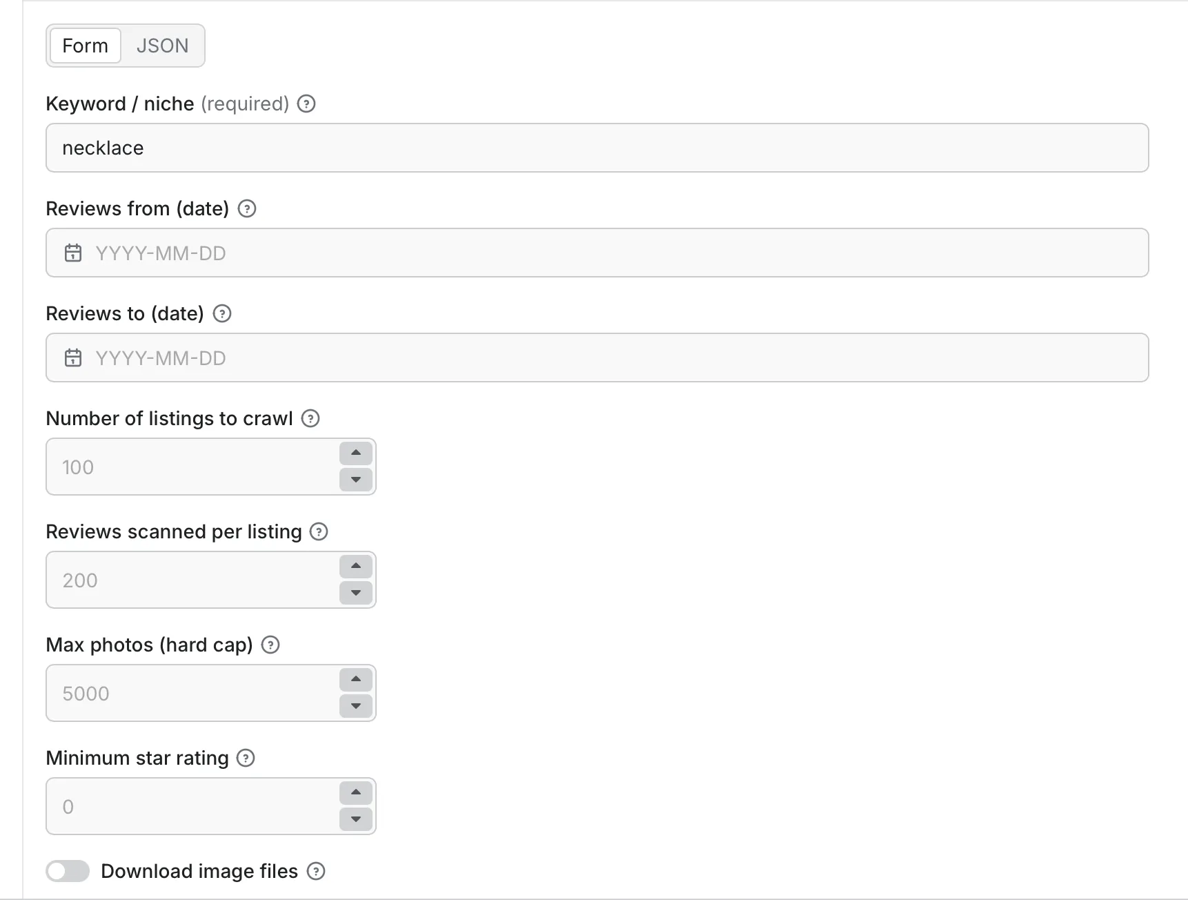 Etsy Review Photo Scraper input form — enter a keyword (e.g. necklace), an optional review date range, number of listings to crawl, reviews scanned per listing, max photos, minimum star rating, and a Download image files toggle