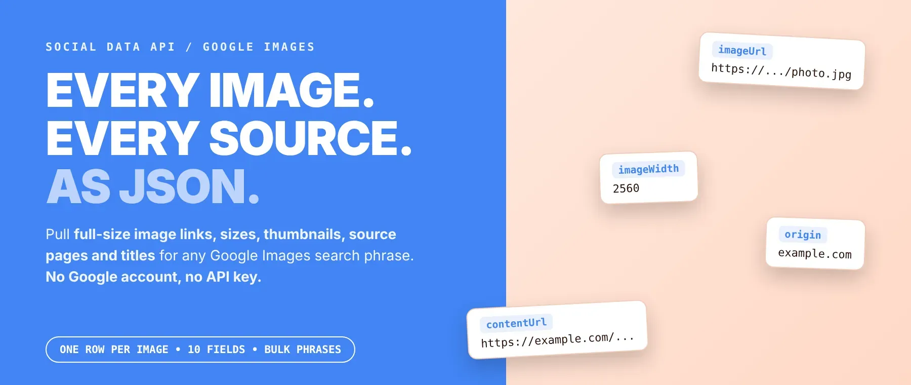 Google Images Scraper output: image URL, size, thumbnail and source page as JSON