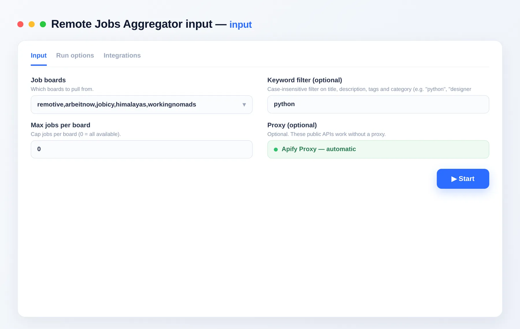 Remote Jobs Aggregator input — sources, keyword search and per-board caps in the Apify Console
