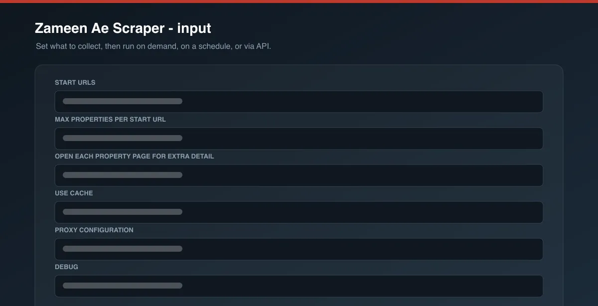 Zameen Ae Scraper input options