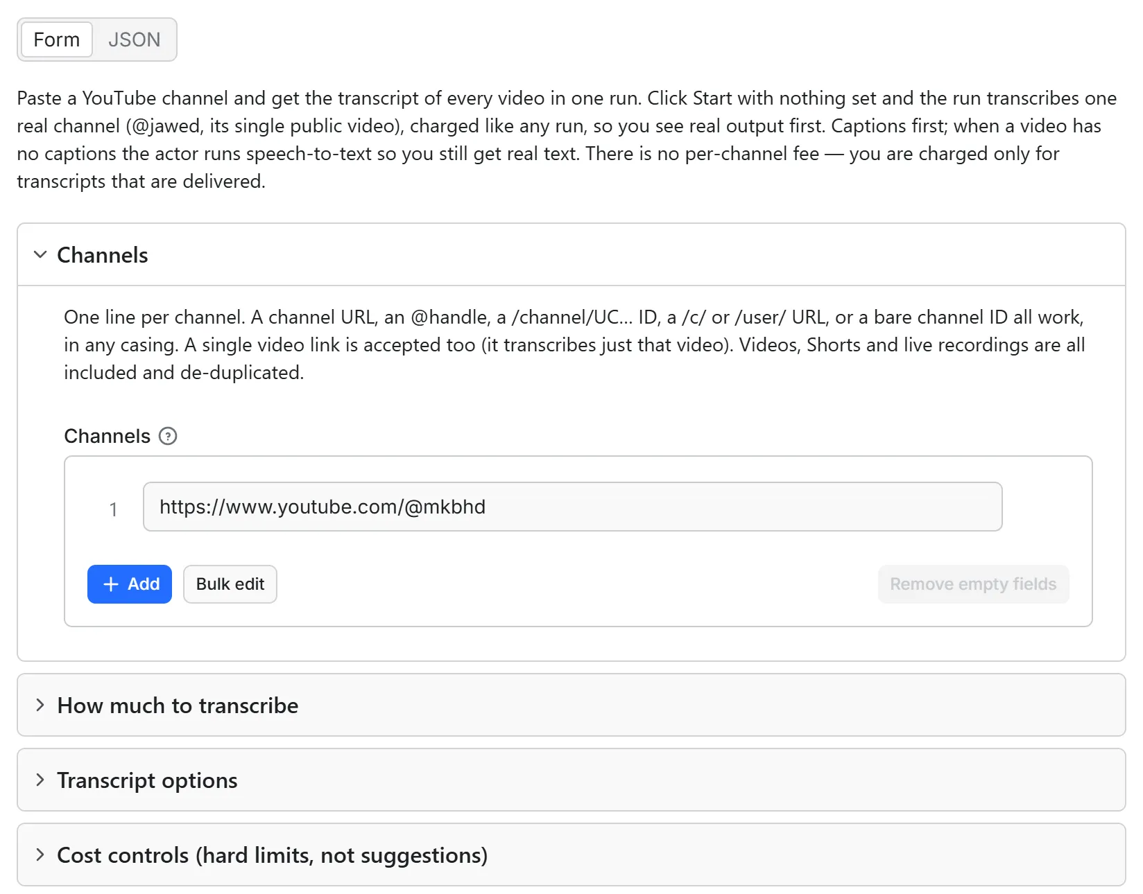 YouTube Channel Transcript Scraper input form in the Apify console: the Channels list prefilled with youtube.com/@mkbhd, above the collapsed how-much, transcript-options and cost-control sections