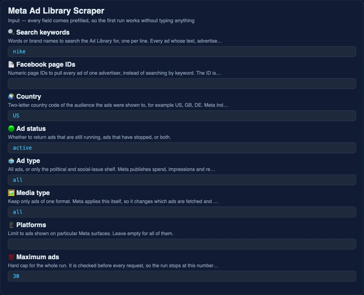 Meta Ad Library Scraper input form: search keywords, page IDs, country, ad status, ad type and maximum ads