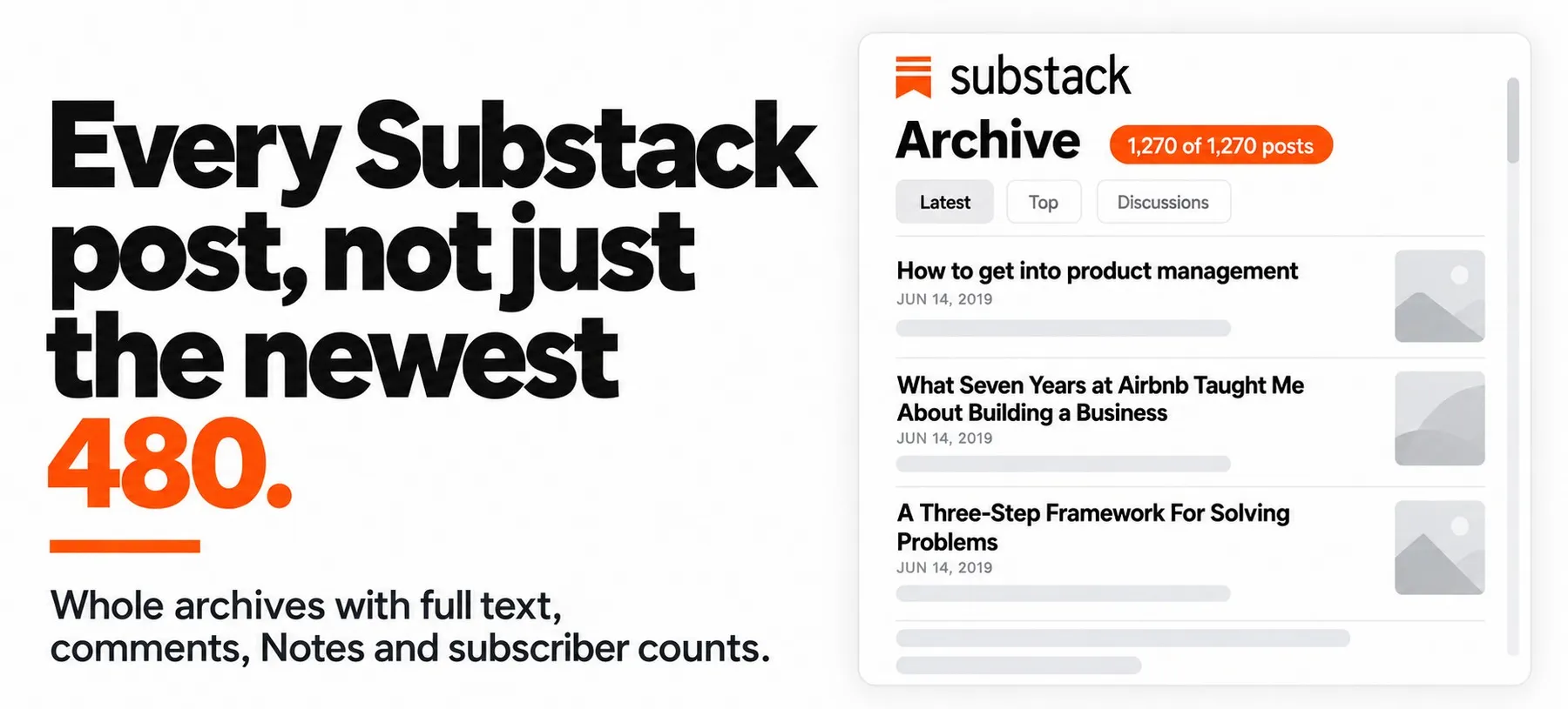 Every Substack post, not just the newest 480. Whole archives with full text, comments, Notes and subscriber counts.