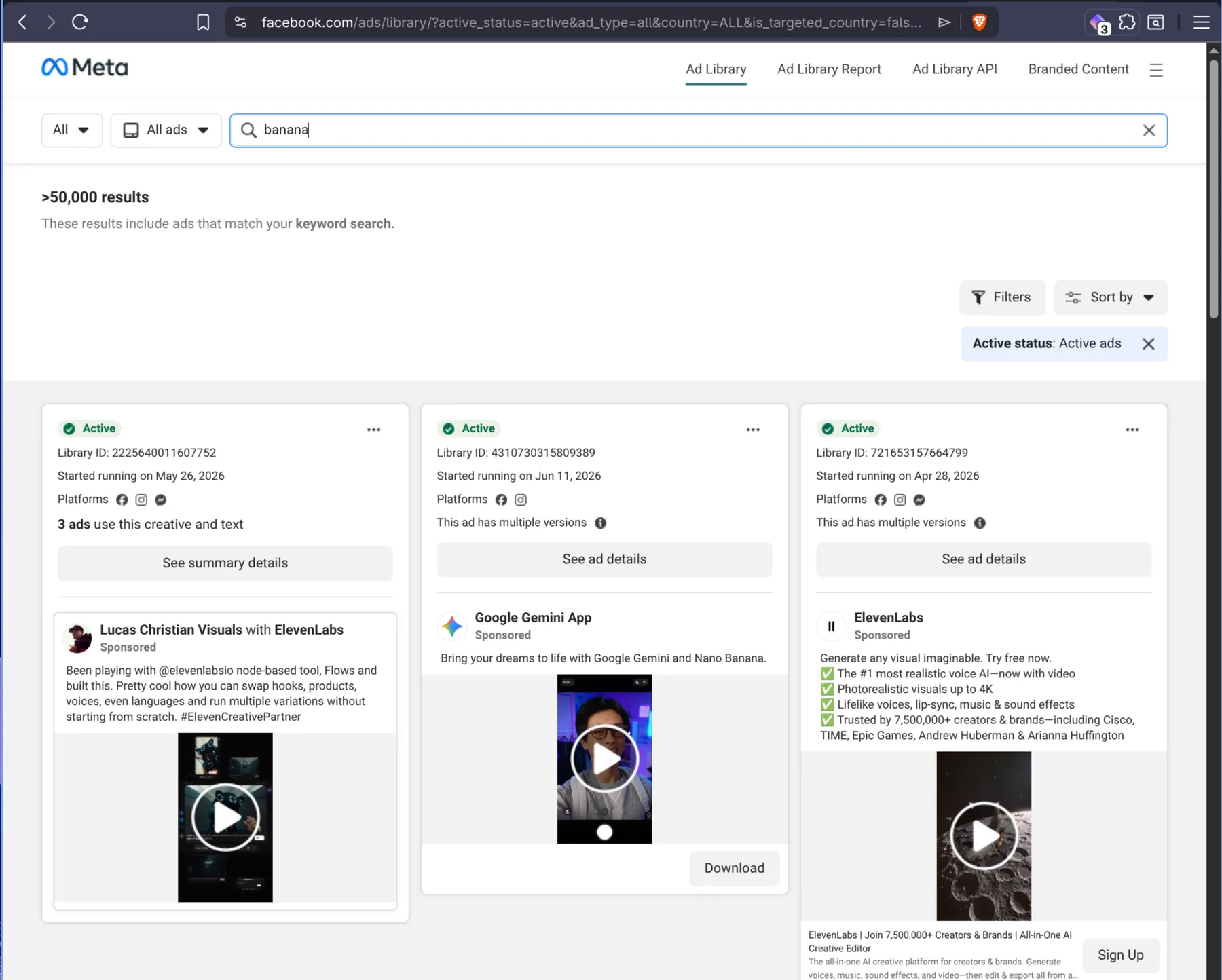 Facebook Ad Library search results page for the keyword banana, showing active ads and the search URL in the browser address bar ready to copy