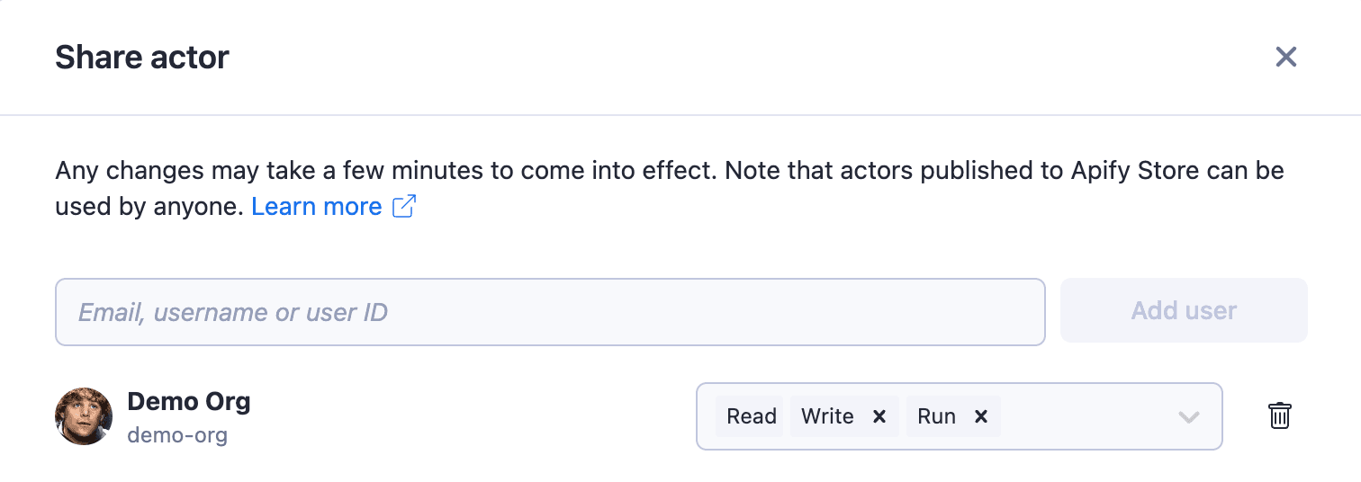 Share actor modal window