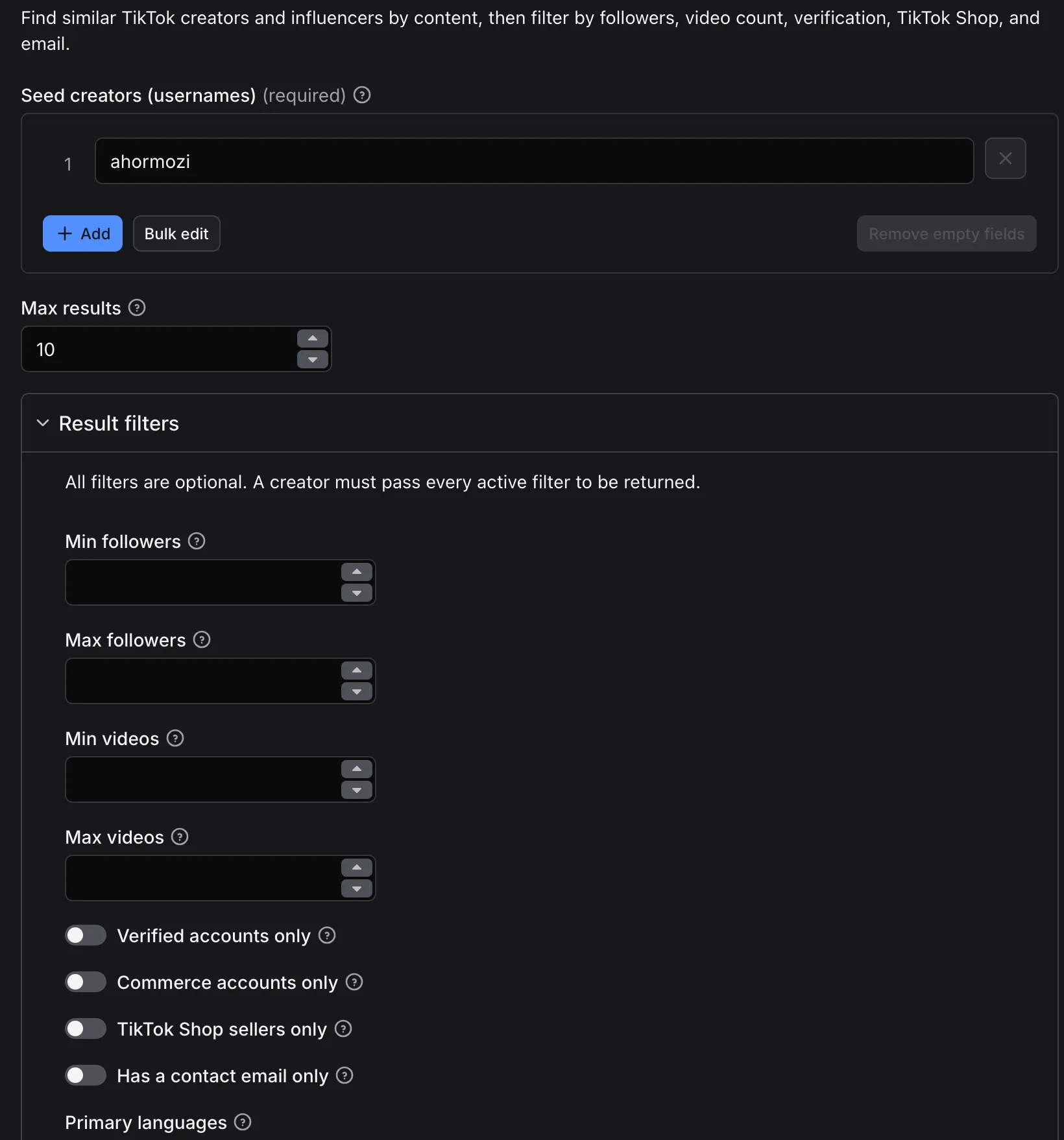 Actor input โ seed creators, limit and filters