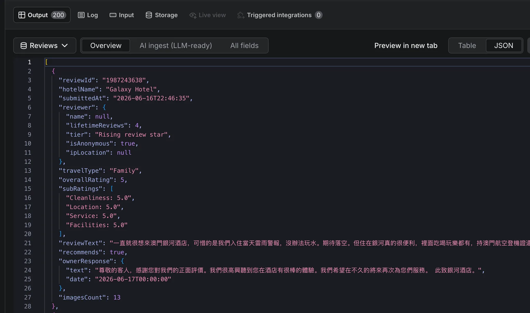 Trip.com and Ctrip Hotel Reviews Scraper Reviews dataset JSON view showing one fully structured review: a reviewer object (name, lifetimeReviews, tier, isAnonymous, ipLocation), a subRatings array (Cleanliness, Location, Service, Facilities), reviewText, recommends, and an ownerResponse object with the hotel reply text and date