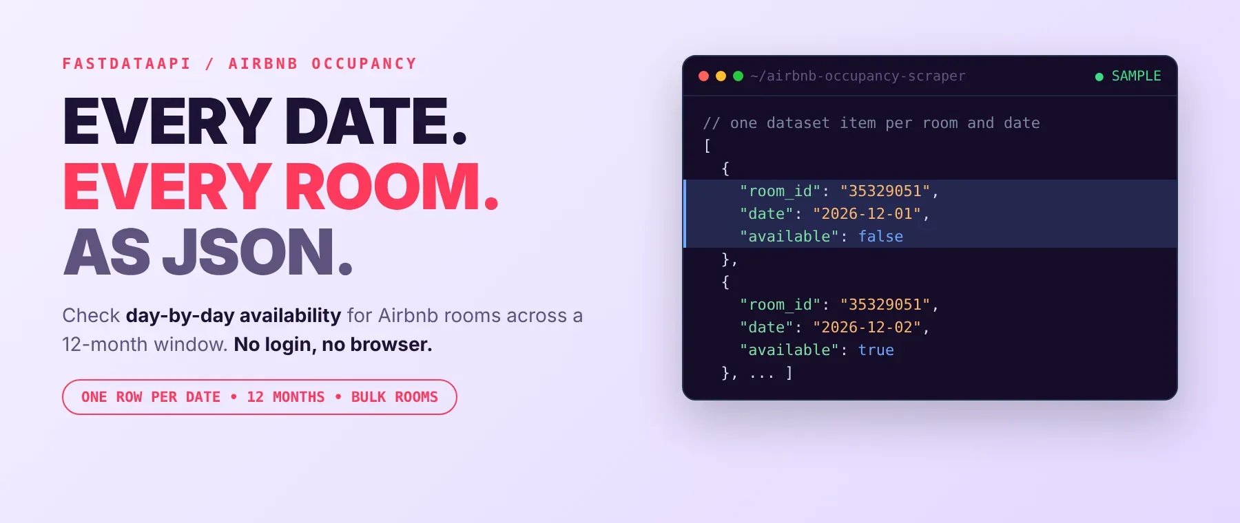 Airbnb Occupancy Scraper output: availability per room and date as JSON