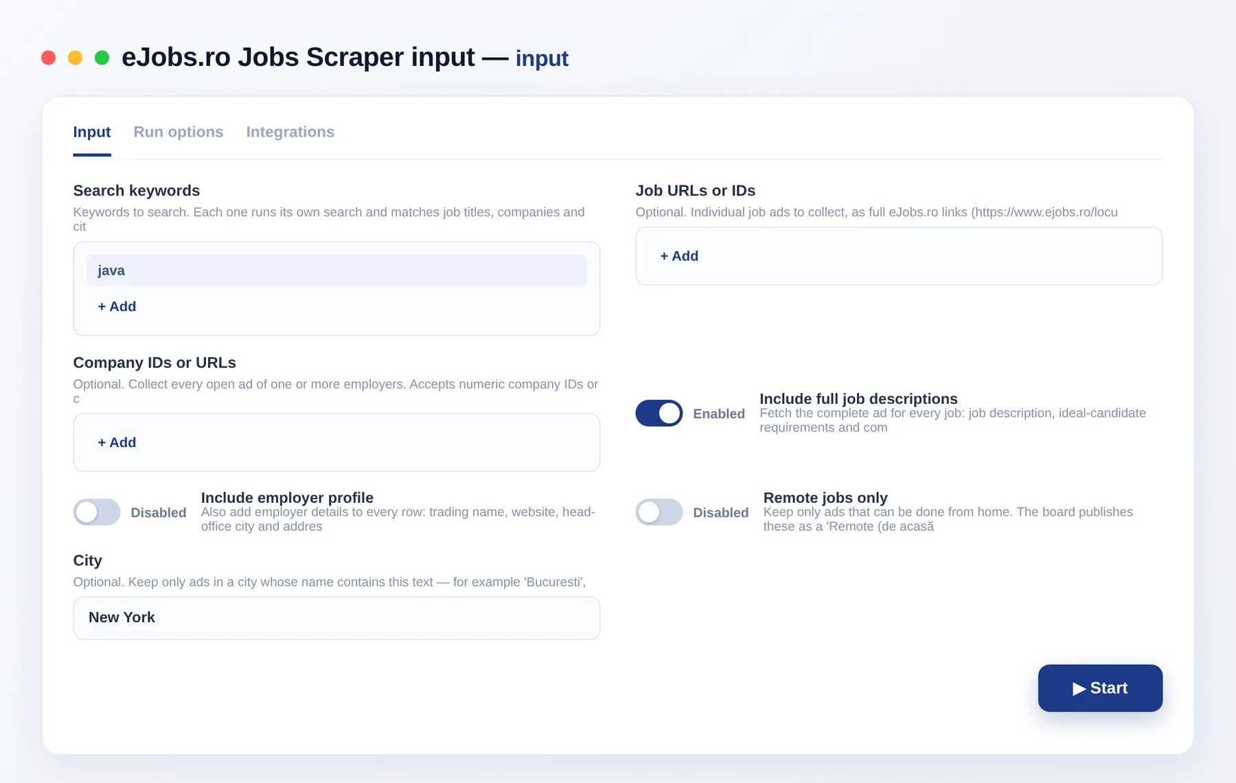 eJobs.ro Scraper input form — search keywords, city, county, industry, contract type and career level filters