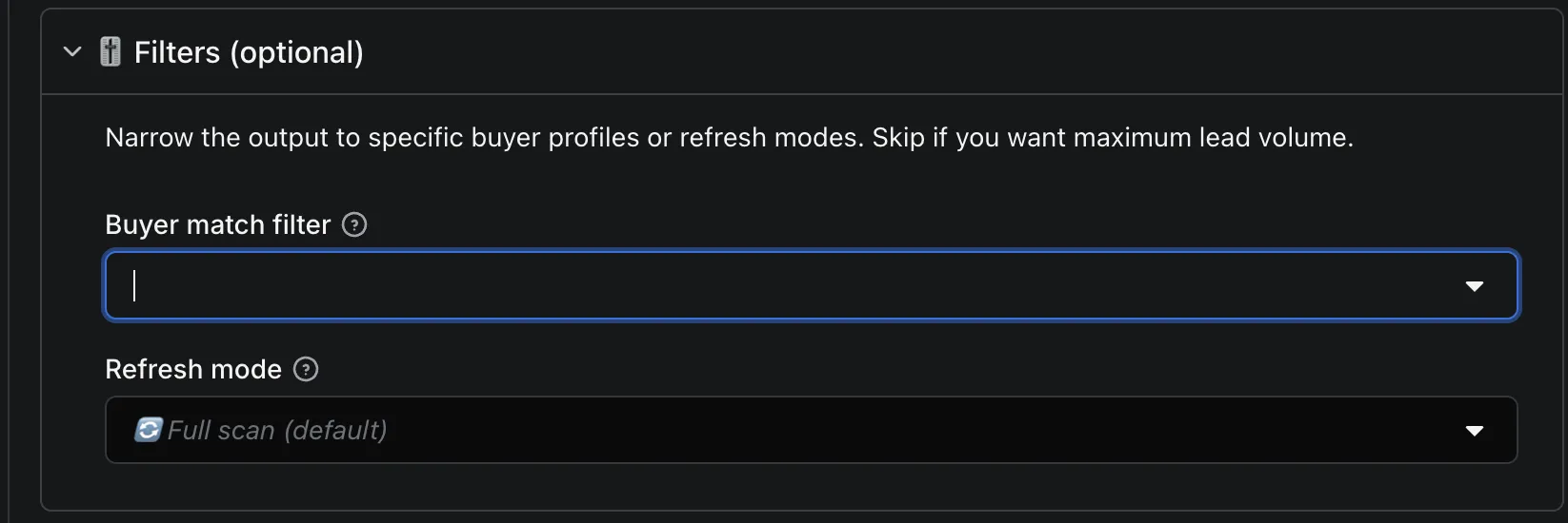 Optional filters — buyer match + refresh mode