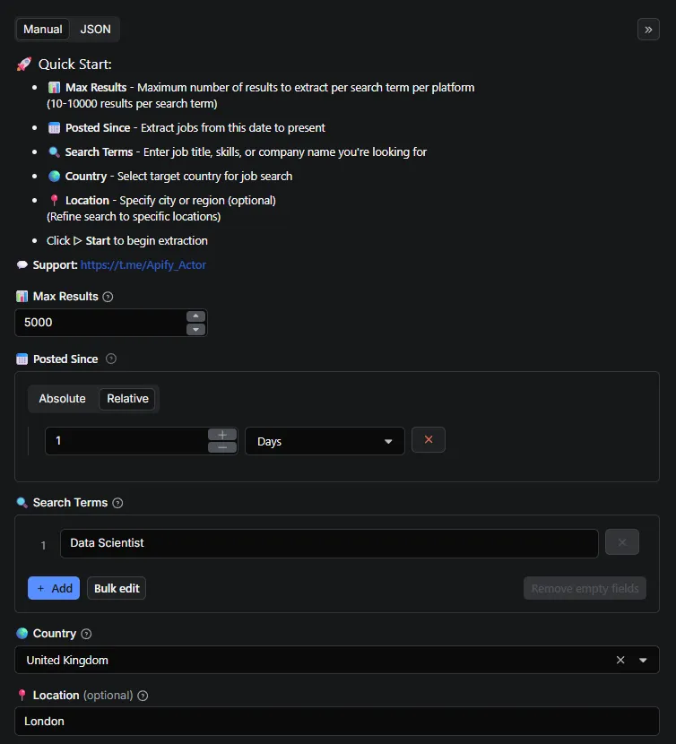 Glassdoor Scraper Input Interface - Configure Glassdoor job search: select max results, posted since date, country, location, and search terms