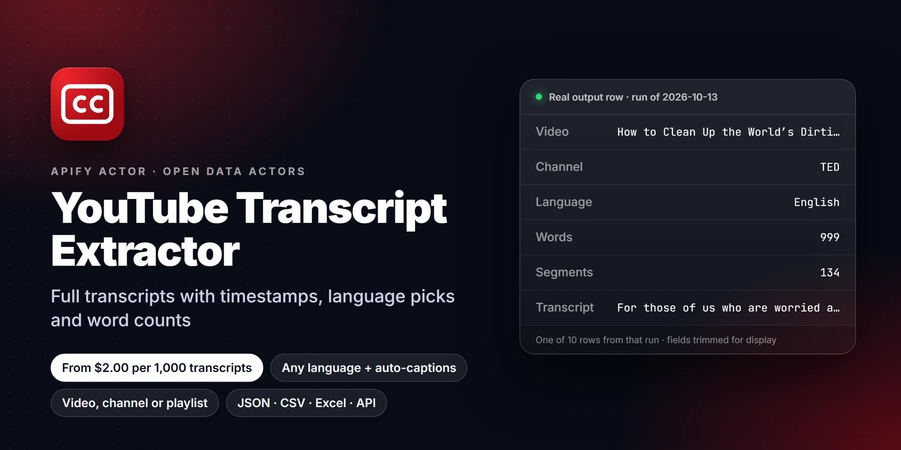 YouTube Transcript Extractor: features, price and a real output row