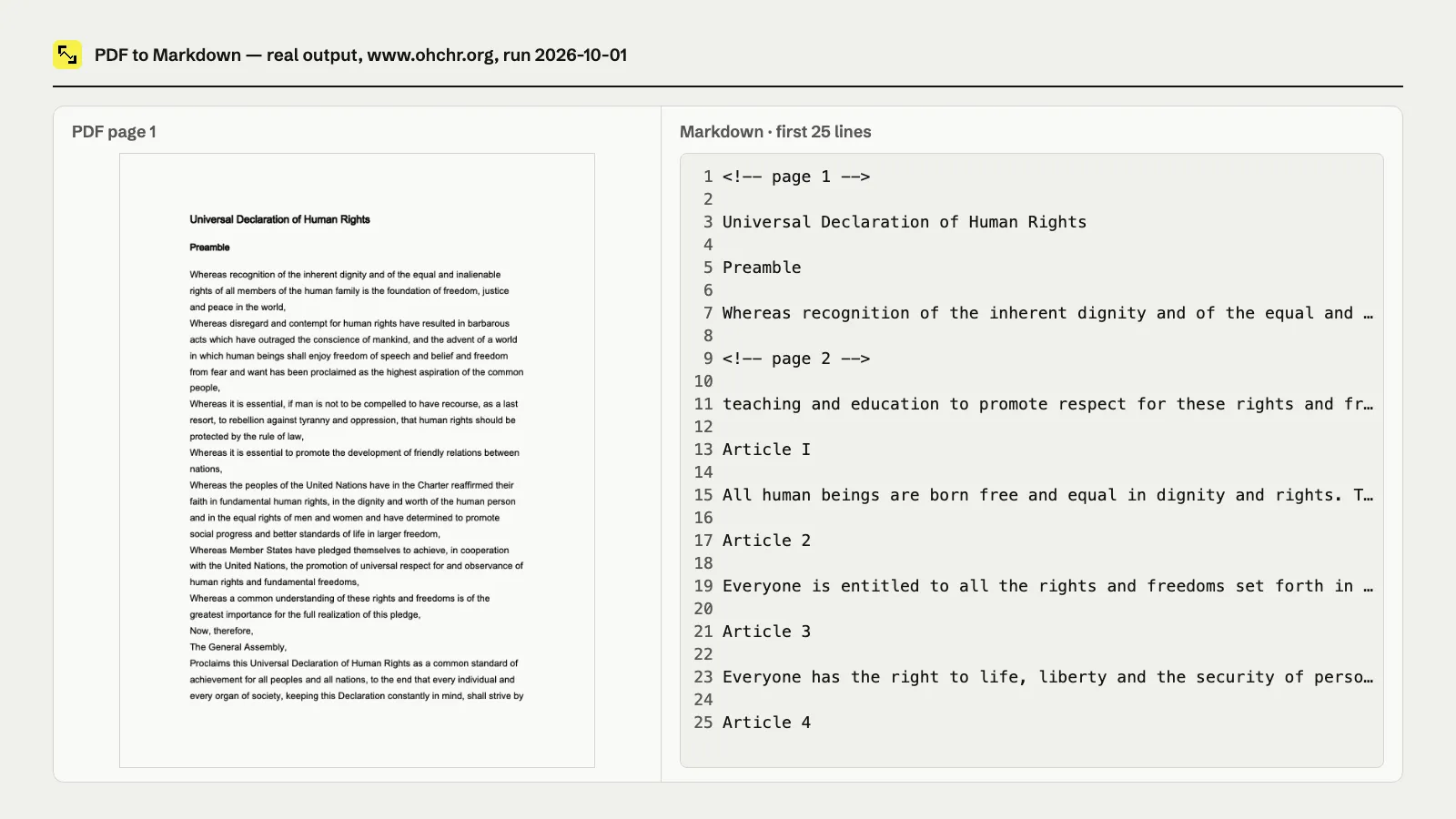 PDF to Markdown output: First UDHR PDF page beside the first 25 extracted Markdown lines.