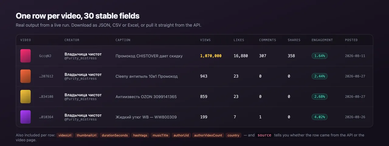 One row per video with 30 stable fields: views, likes, comments, shares, engagement rate and posted date